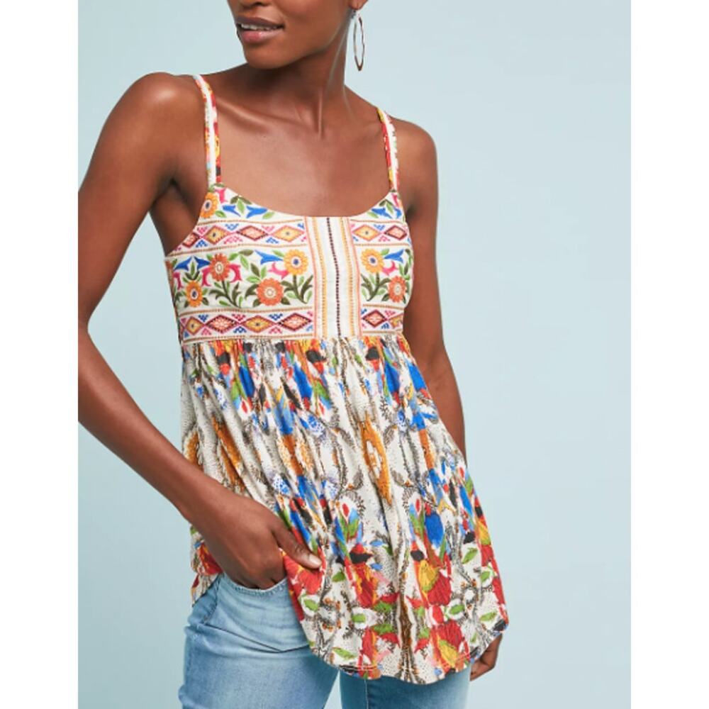 Anthropologie one september smocked embroidered tank